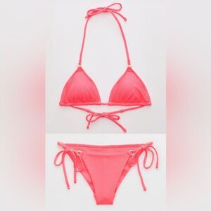 NWT Aerie FULL SET Shine Rib String Triangle Top + Tie Bottoms Neon Coral - L